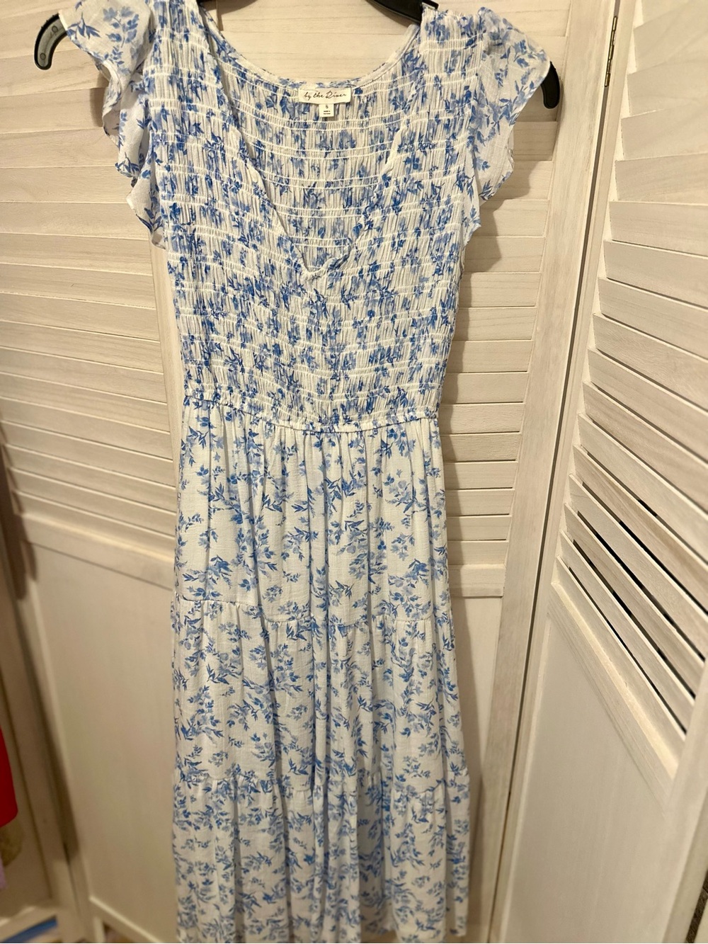 Blue & White Floral Smocked Midi Dress